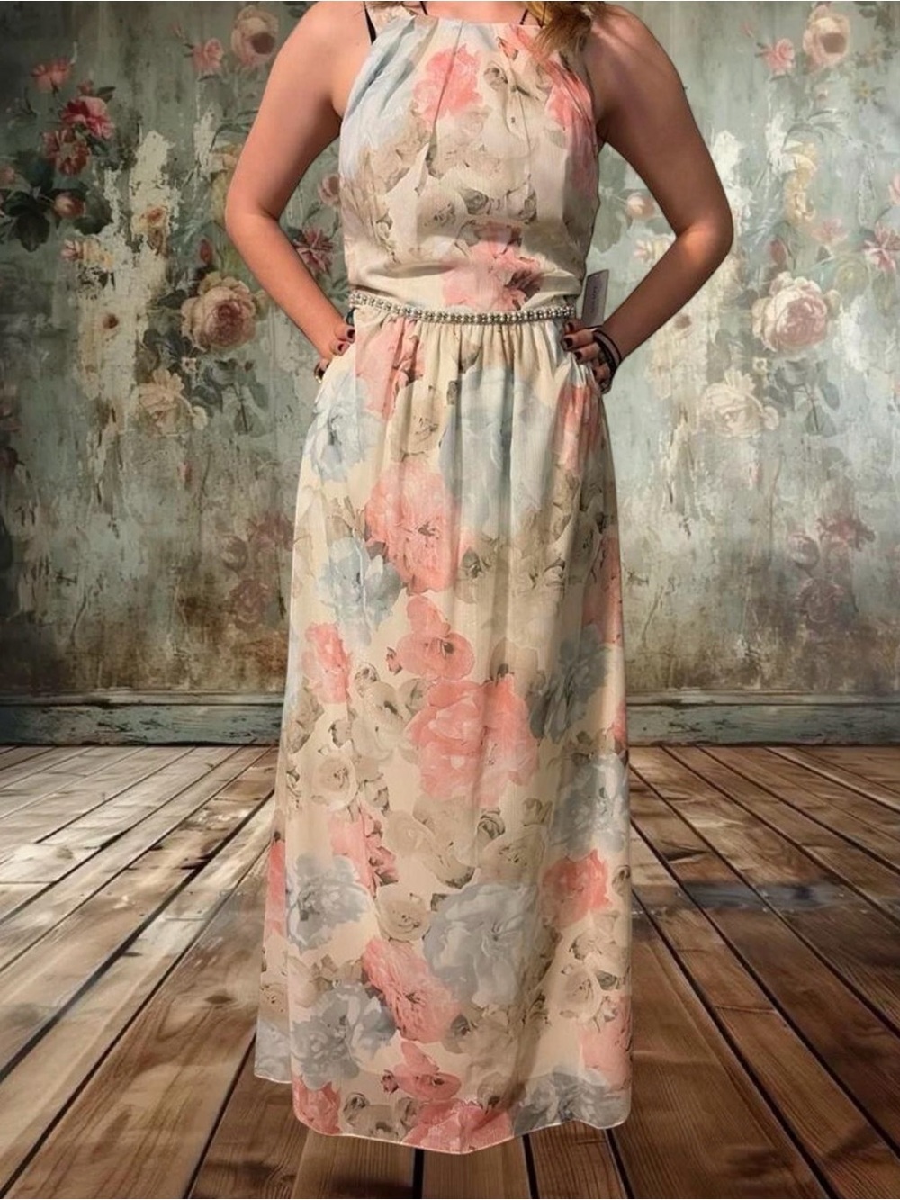 David's Bridal Floral Halter Maxi Dress in Cream, Pink, and Light Blue
